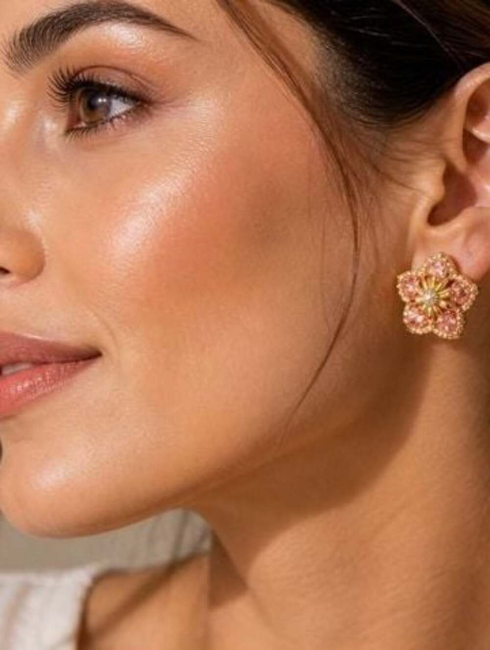 Pink and Gold Crystal Floral Stud Earrings for Women